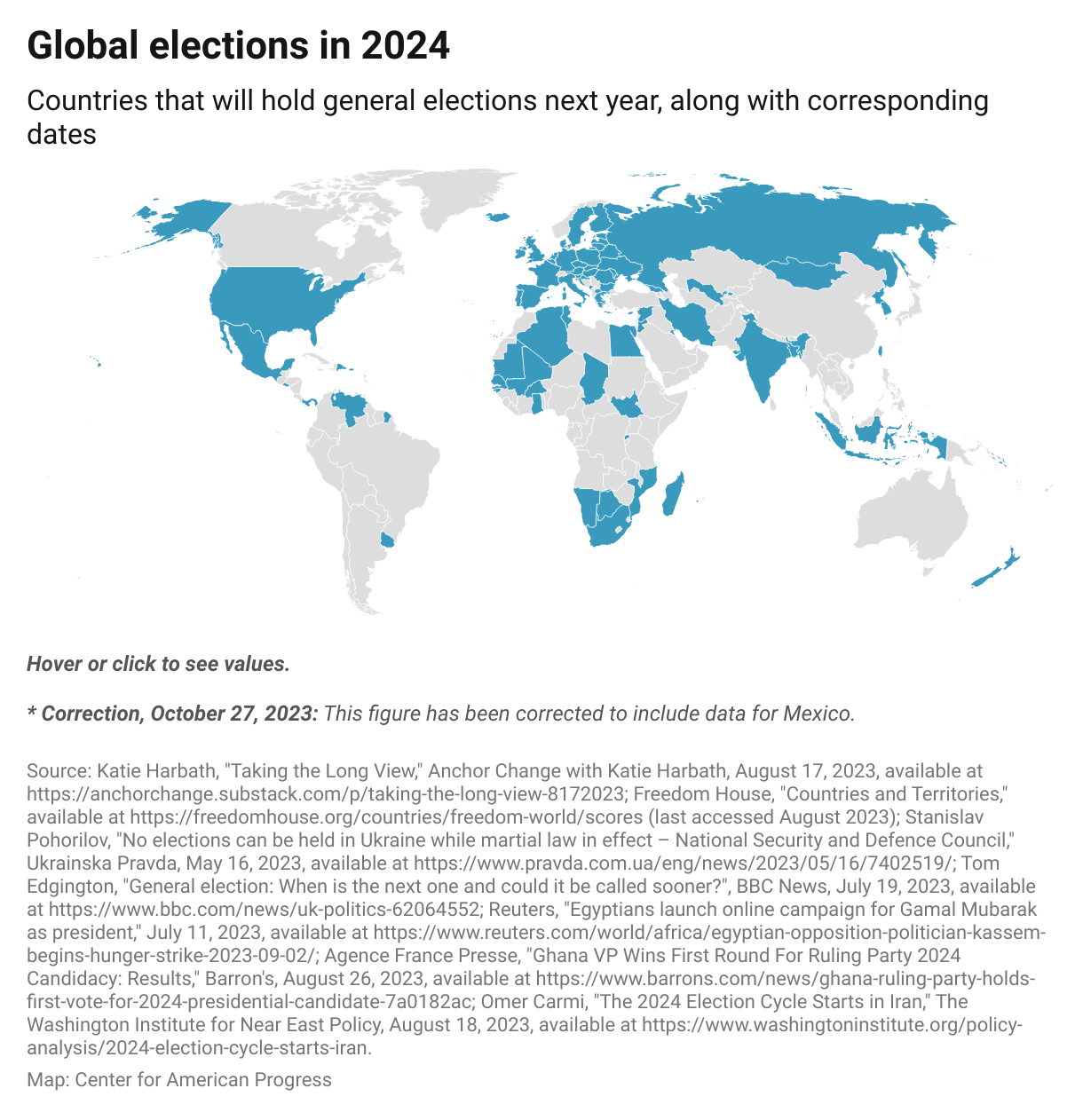 Map that highlights 56 countries and geopolitical unions that will hold an election in 2024.