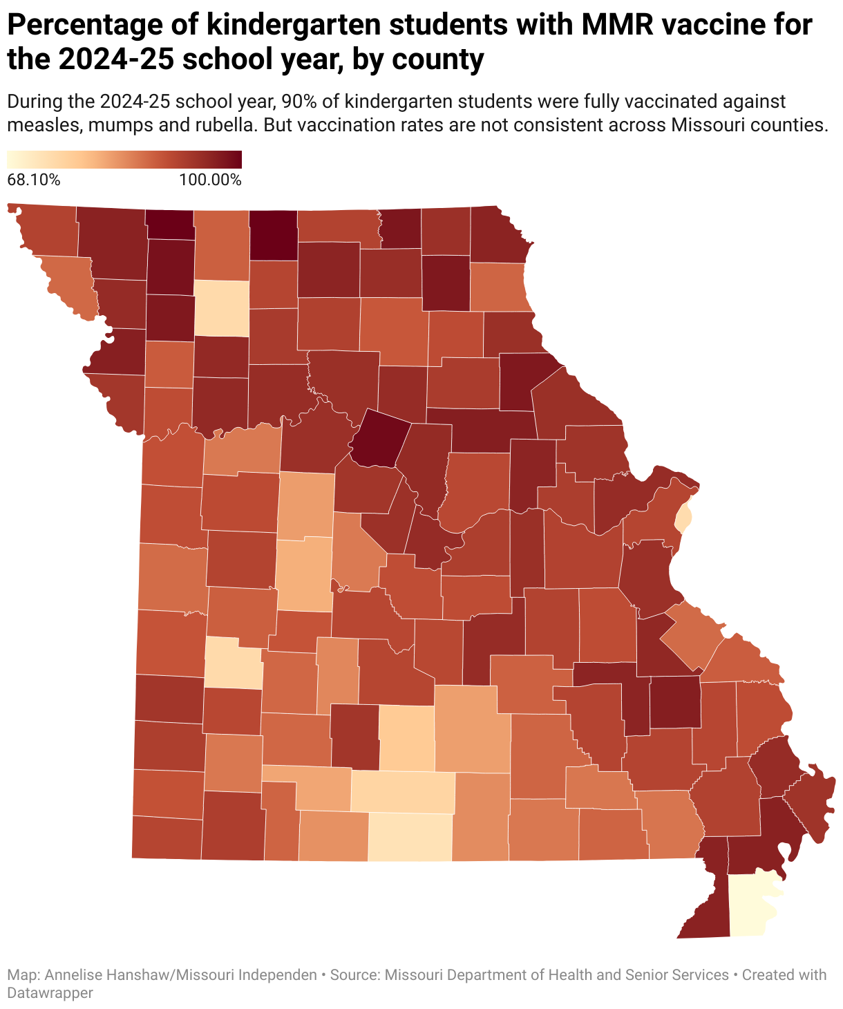 Percentage of kindergarten students with MMR vaccine for the 2024-25 school year, by county (Choropleth map)