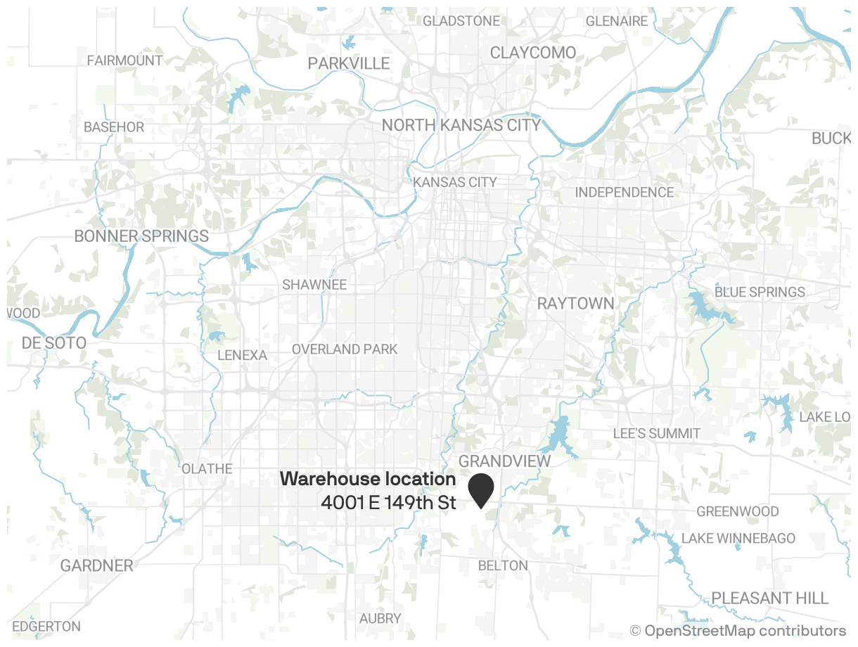 A map of Kansas City, Missouri, showing the location of a warehouse at 4001 E 149th St.