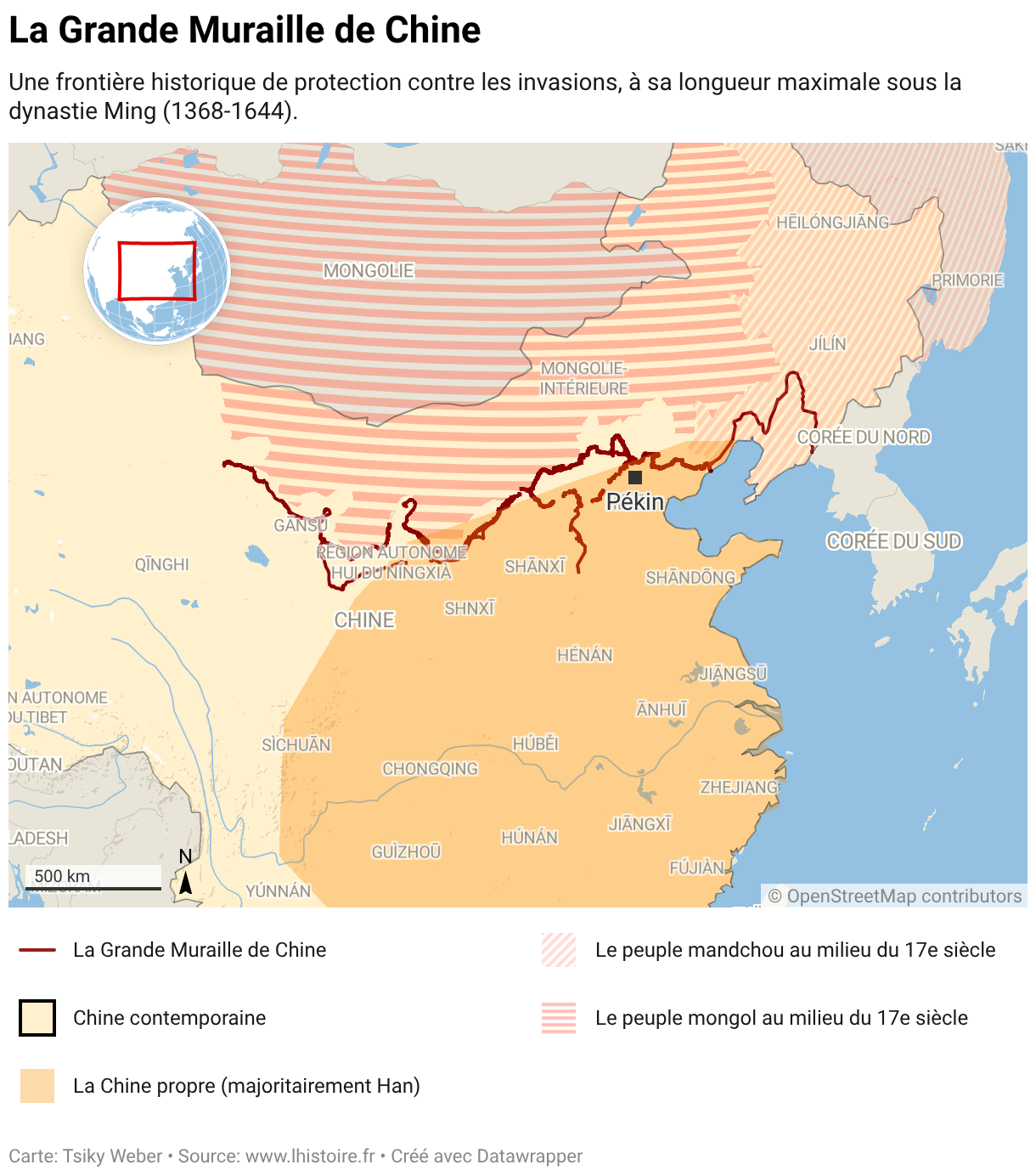 La Grande Muraille de Chine s'étend sur 21 196 km de long au Nord-Est de la Chine. Elle sépare le peuple mongol et mandchou de celui chinois, originaire de Han. Elle n'est pas une ligne continue mais un ensemble de différentes fortifications.