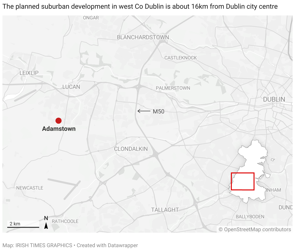 Map showing Adamstown, the planned suburban development in west Co Dublin which is about 16km from Dublin city centre