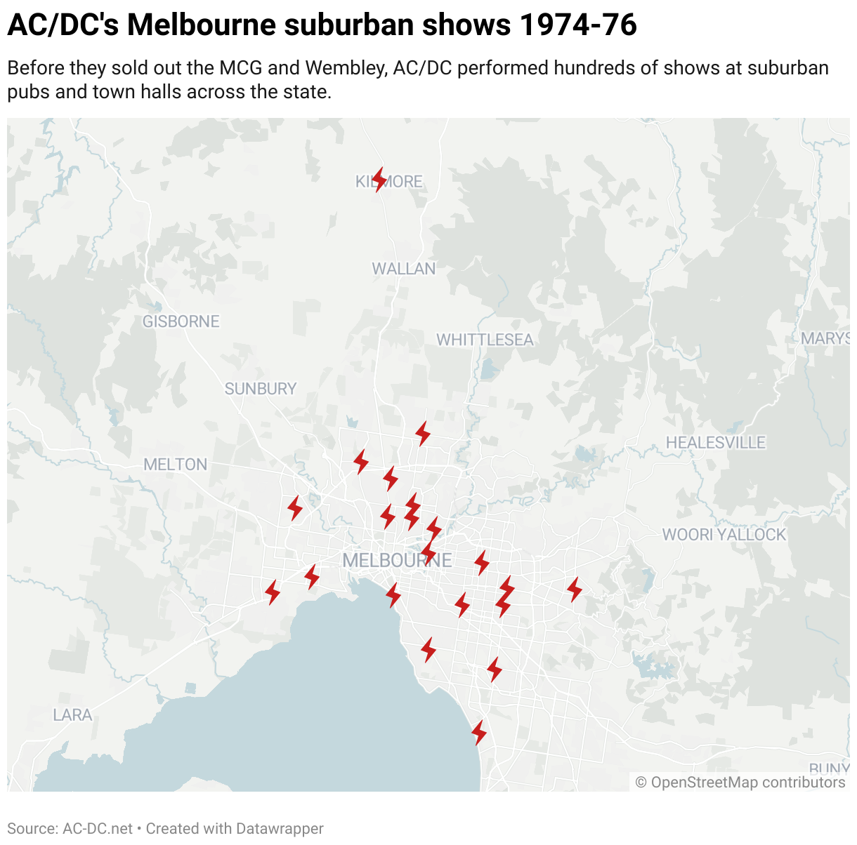 AC/DC's Melbourne suburban shows 1974-76 (Locator map)