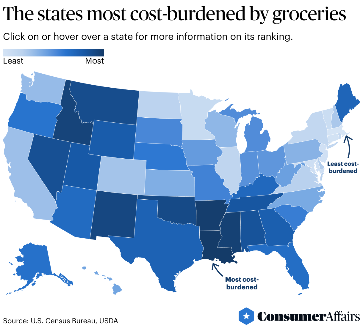 a map showing rankings the states on how cost-burdened they are with groceries
