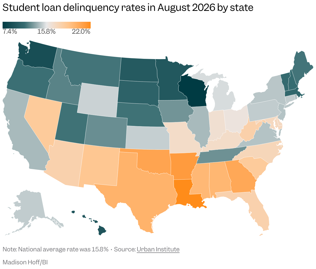 Map of the US showing student loan delinquency rates in 2026 by state