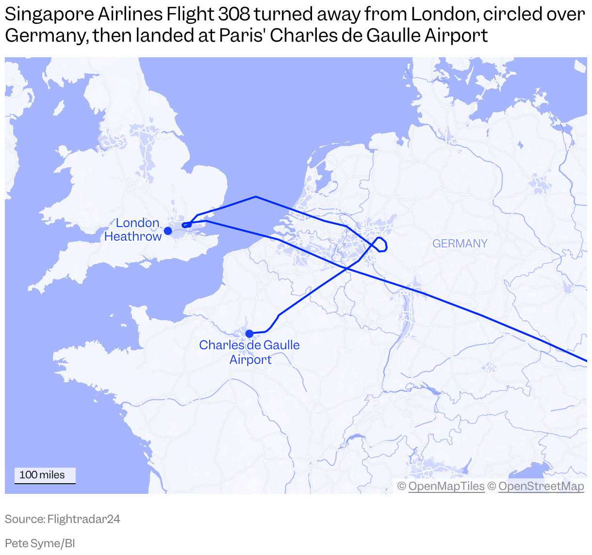 A map of north-western Europe shows the flight path of Singapore Airlines Flight 308 on September 8, 2026, turning away from London and circling over Cologne before conitnuing onto Paris Charles de Gaulle Airport