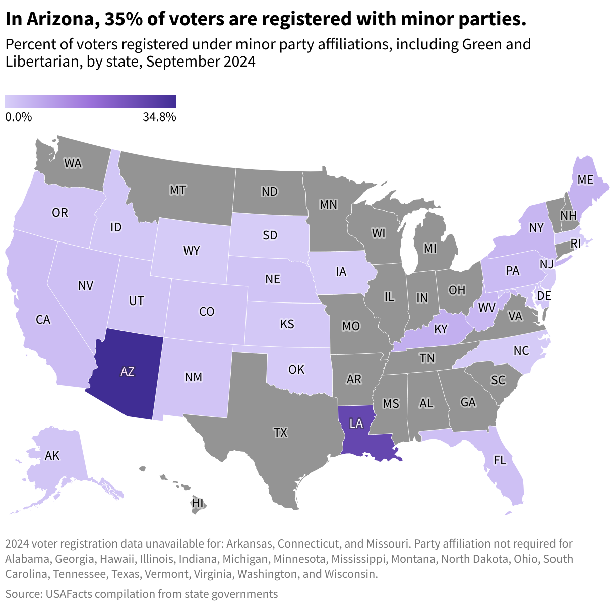 Percent of voters registered under minor party affiliations, including Green and Libertarian, by state, September 2024