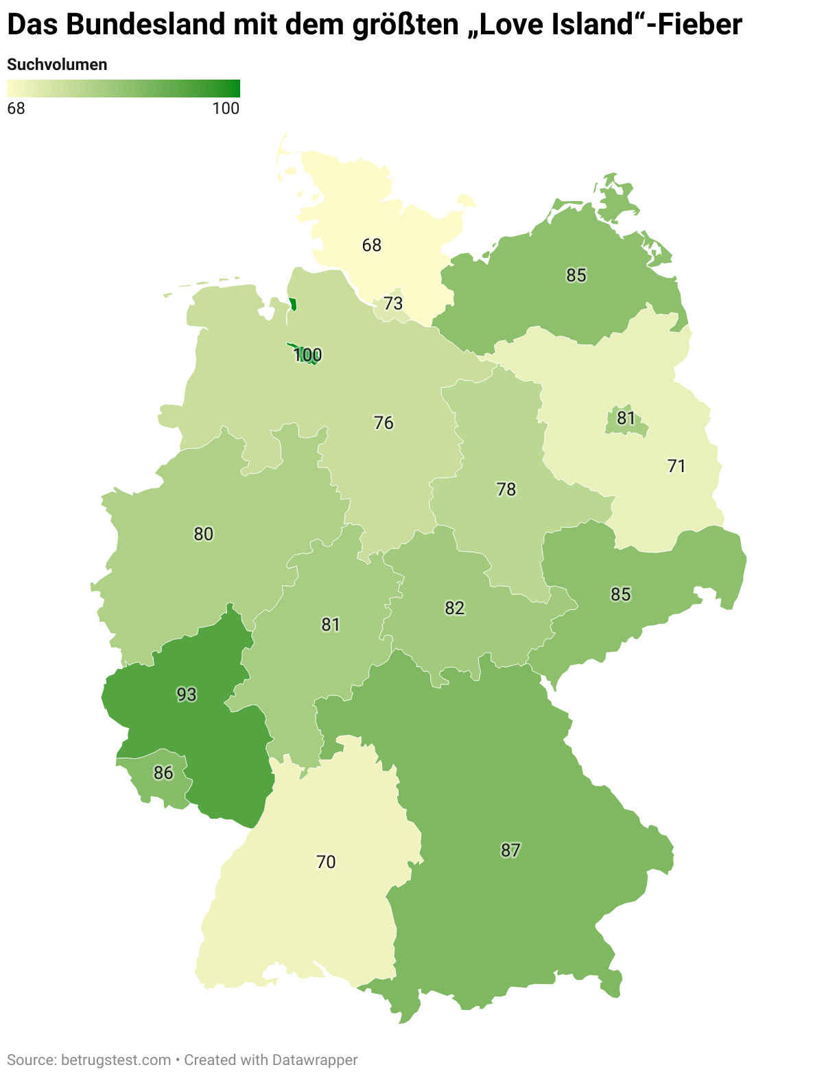 Deutschlandkarte auf der zu sehen ist, in welchen Bundesländern am meisten nach Love Island im Internet gesucht wird.