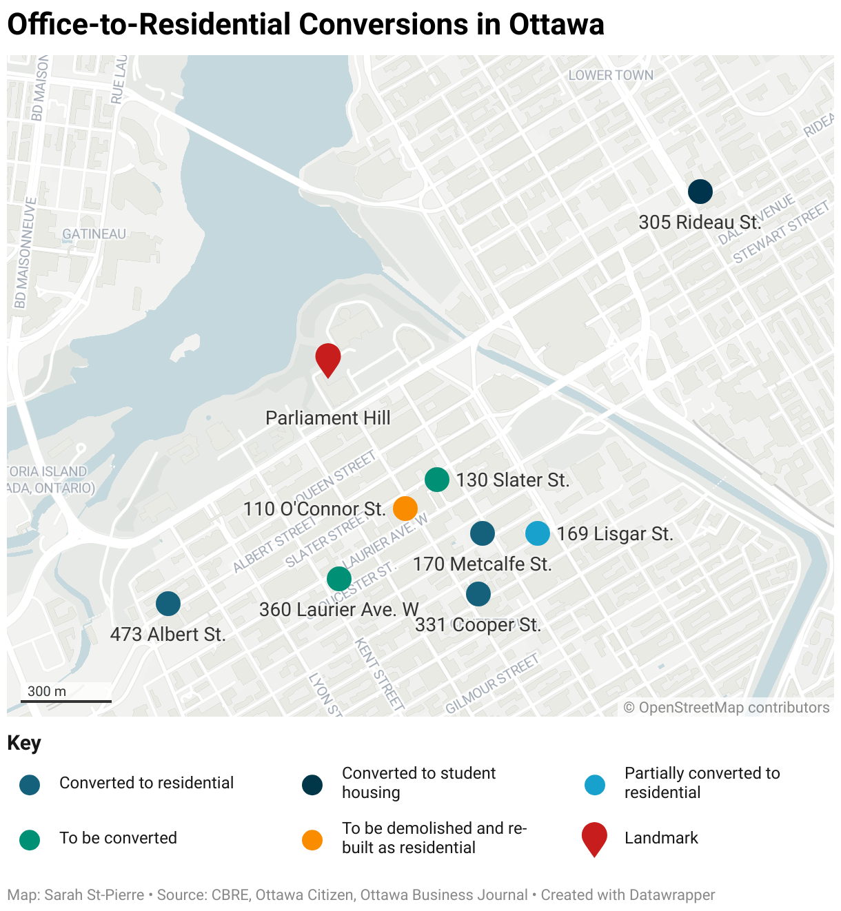 A map detailing the locations of conversions in Ottawa. Among completed conversion are 473 Albert St., 331 Cooper St., 170 Metcalfe St., 169 Lisgar St. and 305 Rideau St. Addresses currently slated for conversion are 360 Laurier Ave. W and 130 Slater St. One building is slated to be demolished and built back into residential from scratch: 110 O'Connor St.