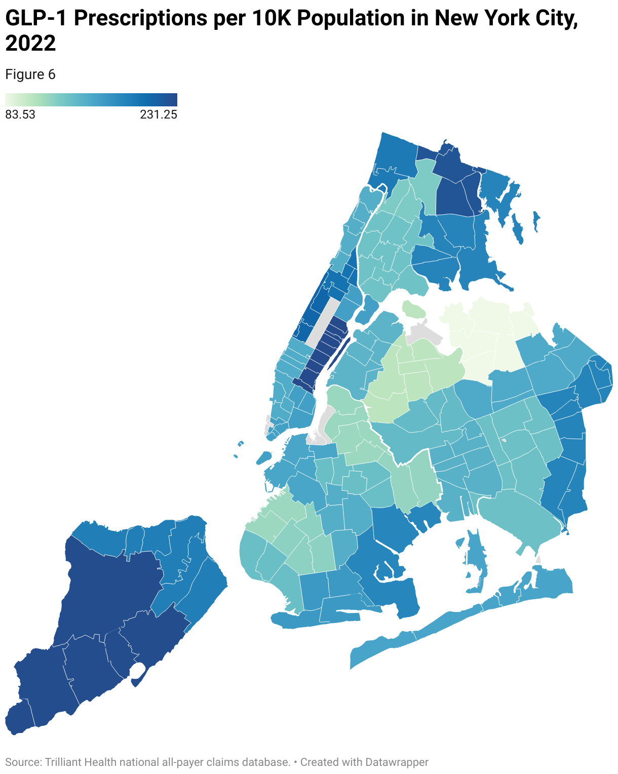 A map of New York City shows the number of GLP-1 prescriptions per 10,000 population, with utilization highest in the Upper East Side neighborhood.