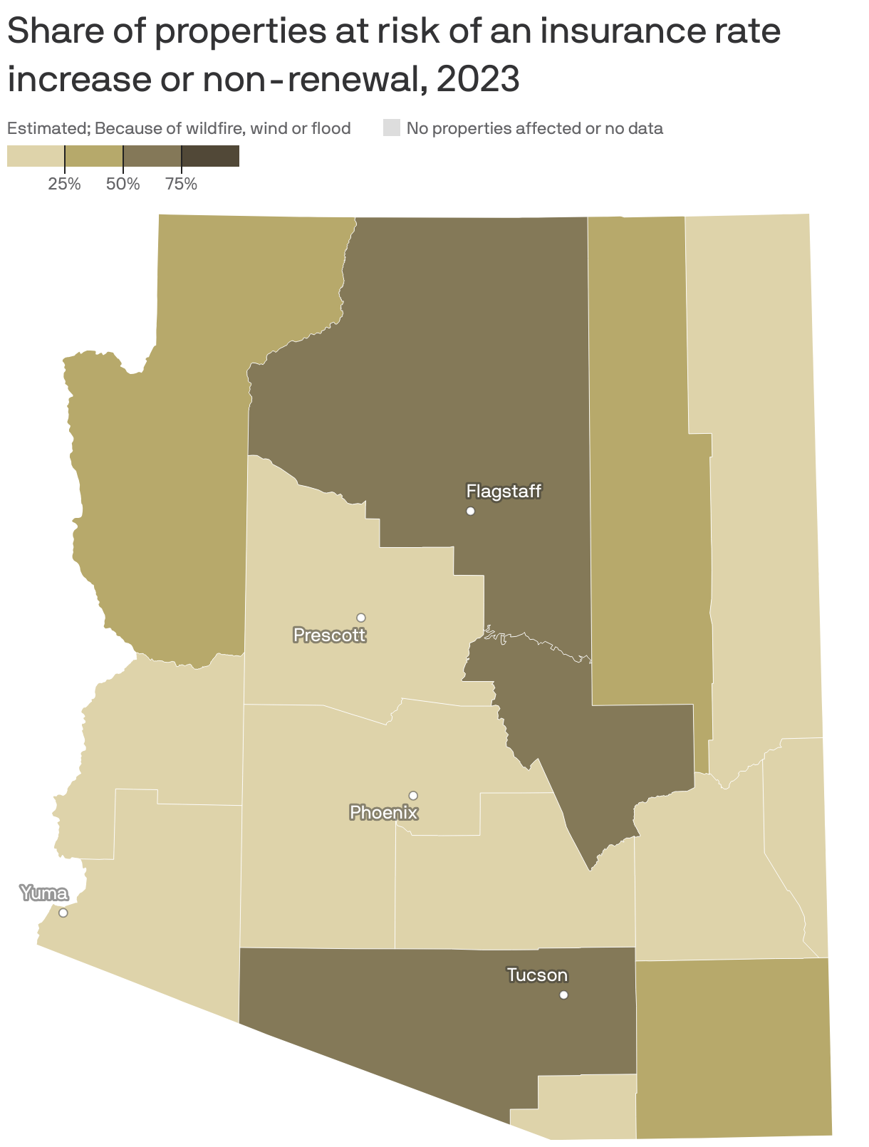 Map of Arizona counties showing the share of properties at risk an insurance rate increase or non-renewal in 2023. Of the 3.3 million properties in Arizona, 25% are at risk of an increase from either wildfire, wind or flood. 20% of properties are at risk from wildfire, 0% from wind and 6% from flood.