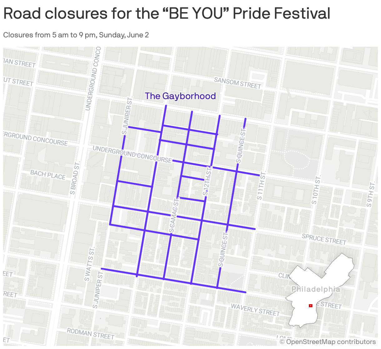 A map showing road closures for the Philadelphia “BE YOU” Pride Festival on June 2. Most roads will be closed within the rectangle bounded by Juniper, Walnut, 11th, and Pine Streets.