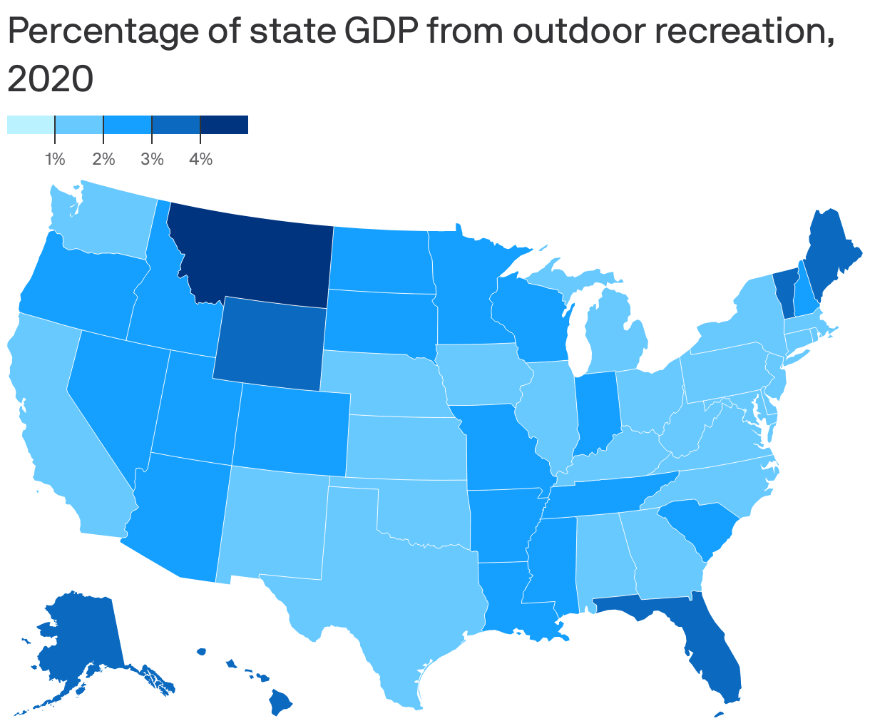 Percentage of state GDP from outdoor recreation, 2020