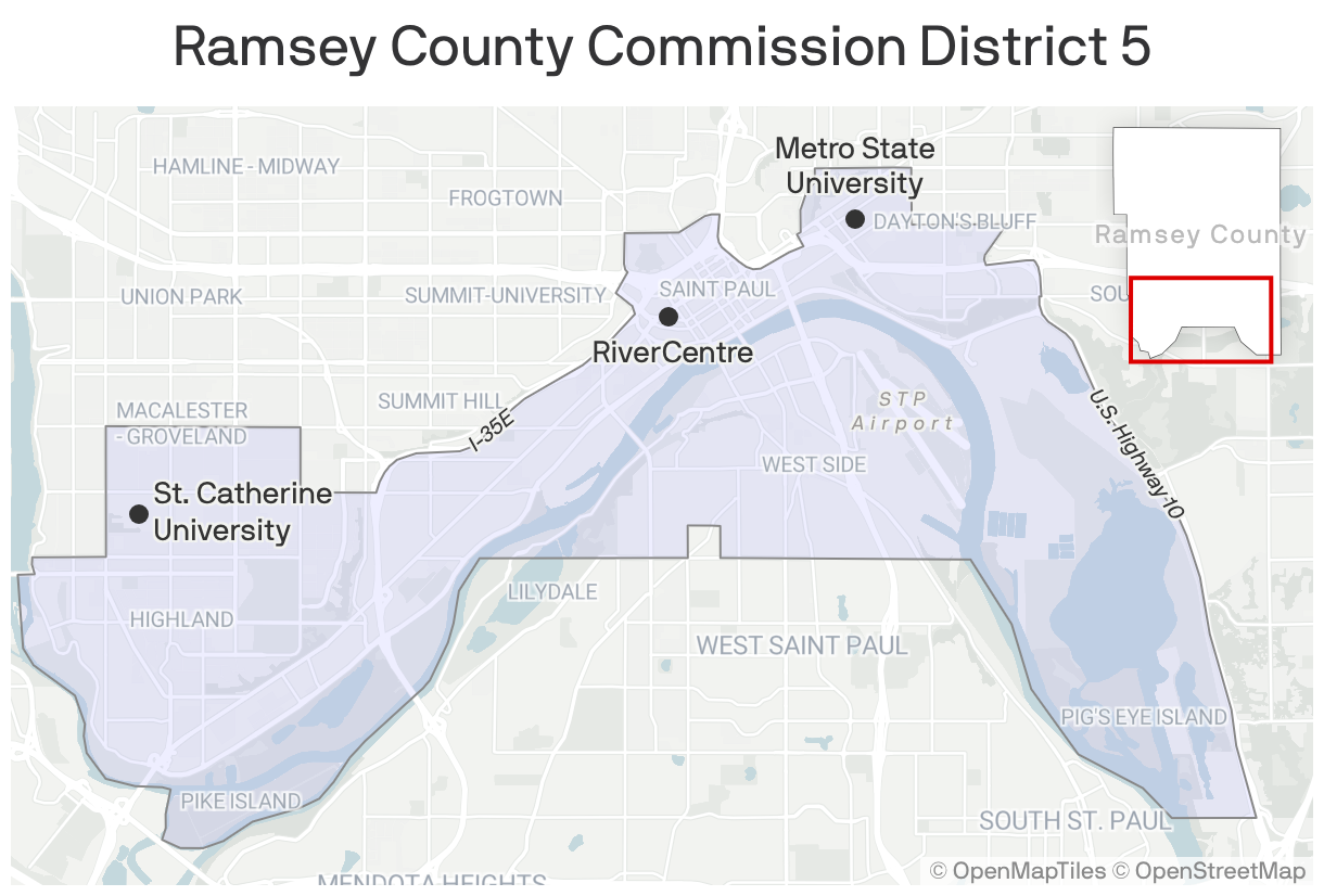 A map of Ramsey County Commission District 5, which covers the St. Paul neighborhoods of the West Side, Highland Park, Macalester-Groveland, West Seventh/Fort Road, Downtown St. Paul, Dayton's Bluff and Pig's Eye Island.