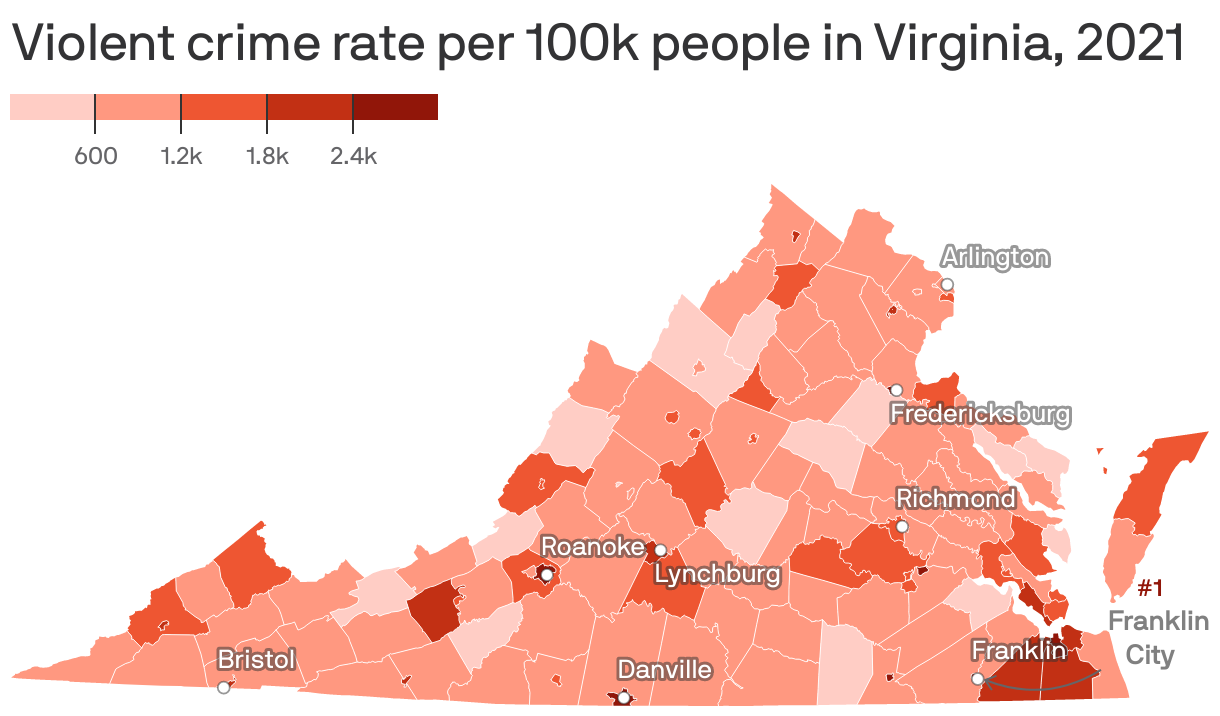 Violent crime rate per 100k people in Virginia, 2021