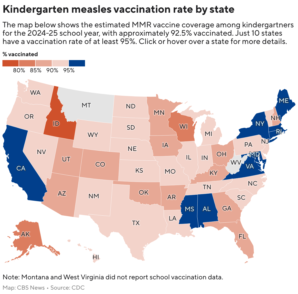 U.S. map showing estimated kindergarten MMR vaccine coverage during the 2024-25 school year