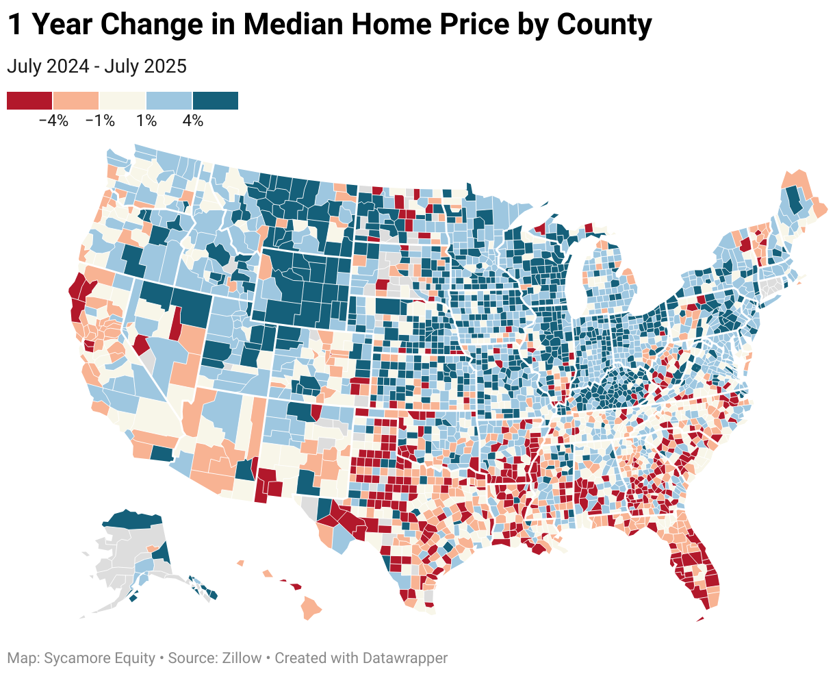 1 Year Change in Median Home Price by County (Choropleth map)