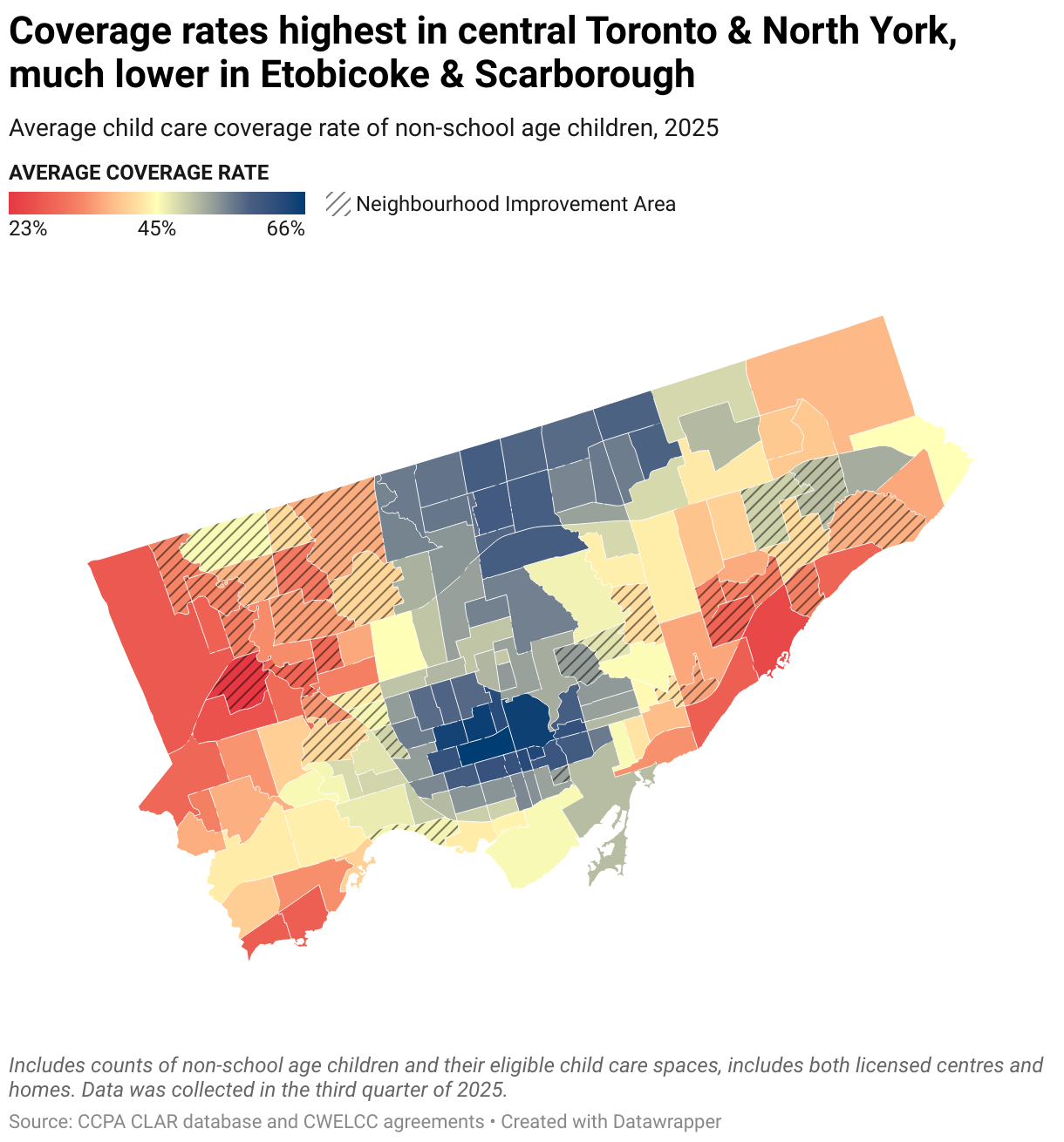 Coverage rates highest in central Toronto &amp; North York, much lower in Etobicoke &amp; Scarborough (Choropleth map)
