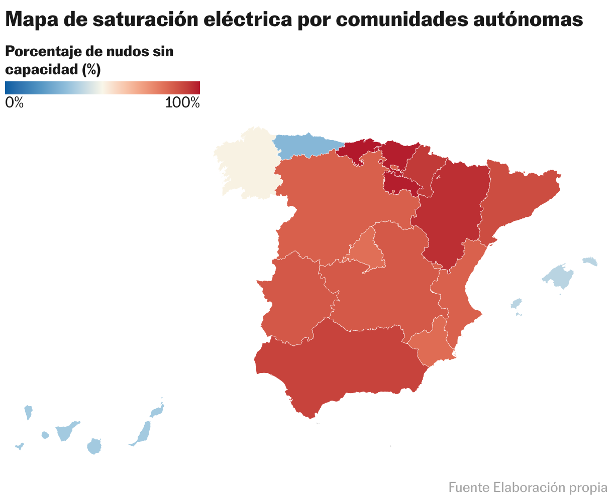 Mapa de saturación eléctrica por comunidades autónomas (Mapa coroplético)