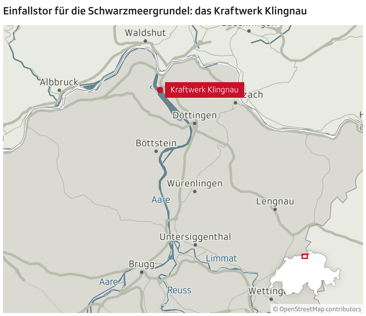 Kraftwerk Klingnau am Klingnauer Stausee, die Aare fliesst dort aus dem Rhein anschliessend weiter nach Untersiggenthal, wo daraus wiederum Reuss und Limmat entspringen.