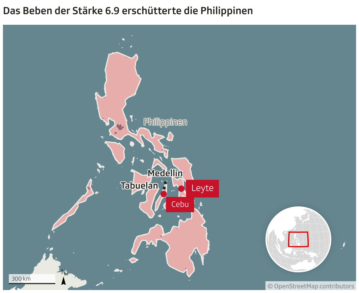 Das Beben der Stärke 6.9 erschütterte die Philippinen (Locator-Karte)
