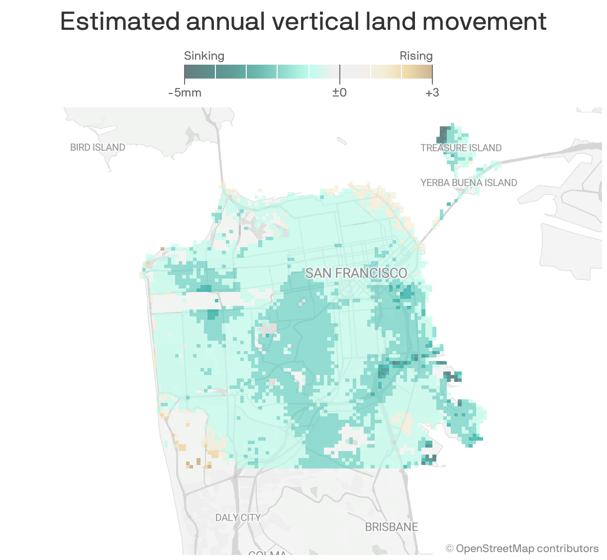 A map showing estimated annual vertical land movement in San Francisco. Much of the city is sinking at rates up to 5mm per year.