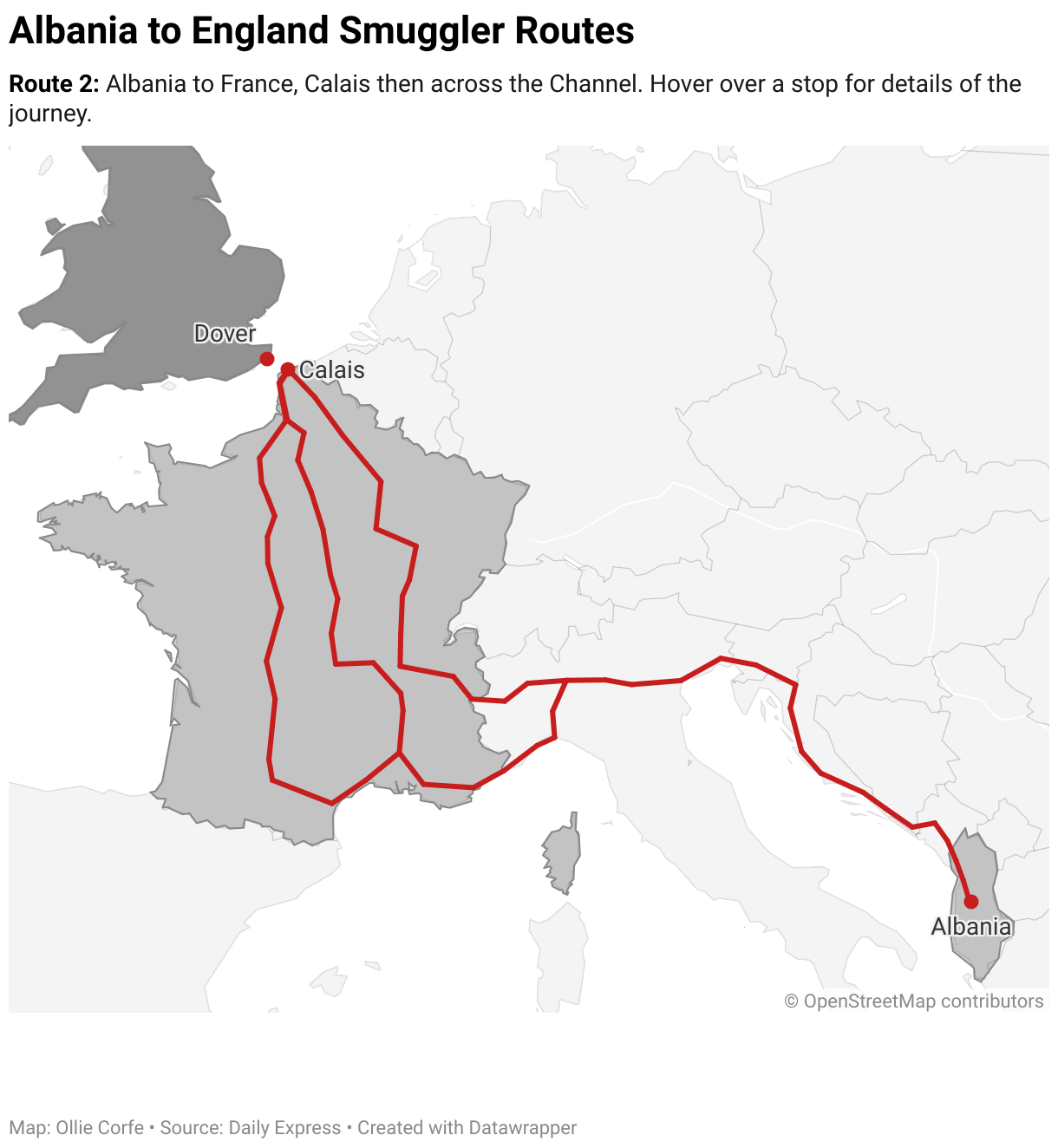 Map of the Albania to England smuggler route.