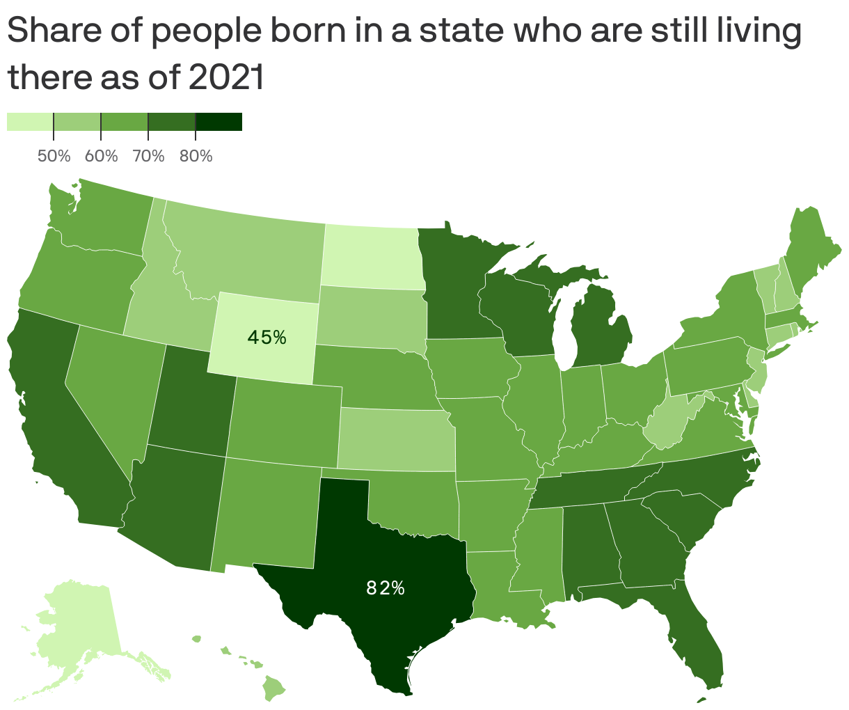 Share of people born in a state who are still living there as of 2021