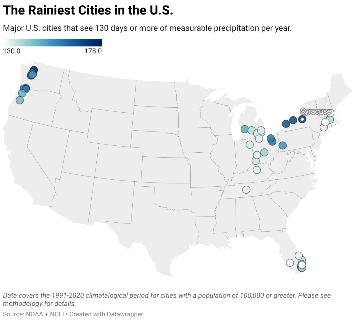 A map showing the 40 rainiest cities in the country ranked by the average number of rainy days they see per year.