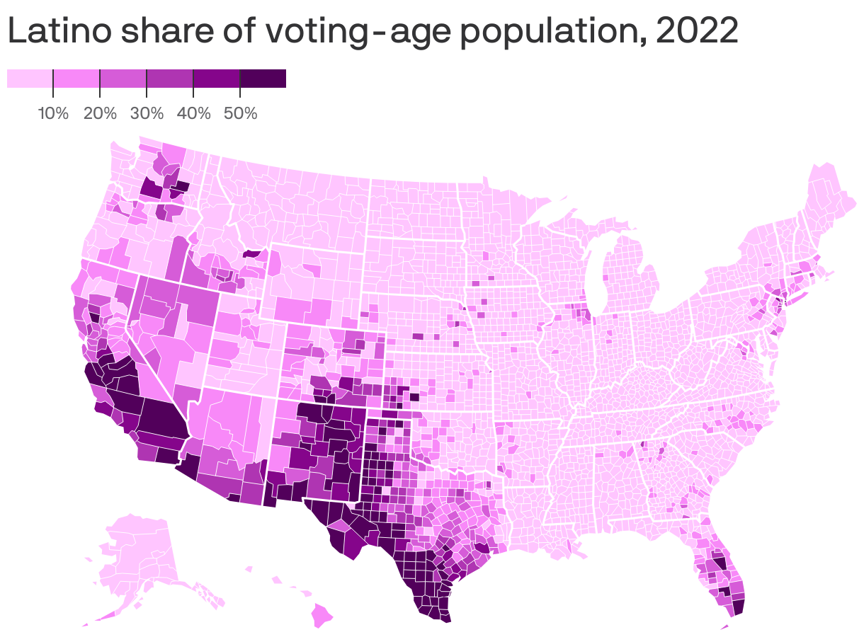 Choropleth map showing the Latino share of the voting-age population by U.S. county. Counties in Florida, Texas, New Mexico, Colorado, Nevada and California have larger shares of eligible Latino voters.