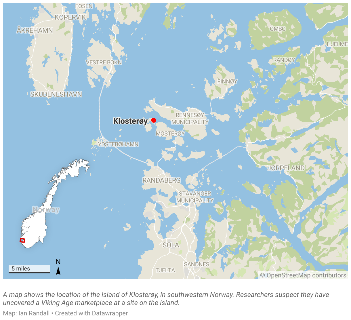 A map shows the location of the island of Klosterøy, in southwestern Norway.