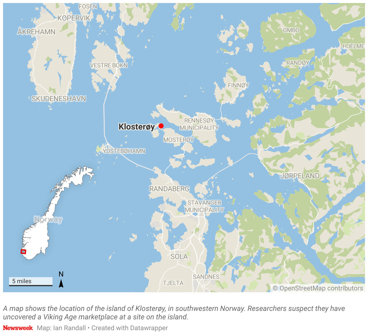 A map shows the location of the island of Klosterøy, in southwestern Norway.