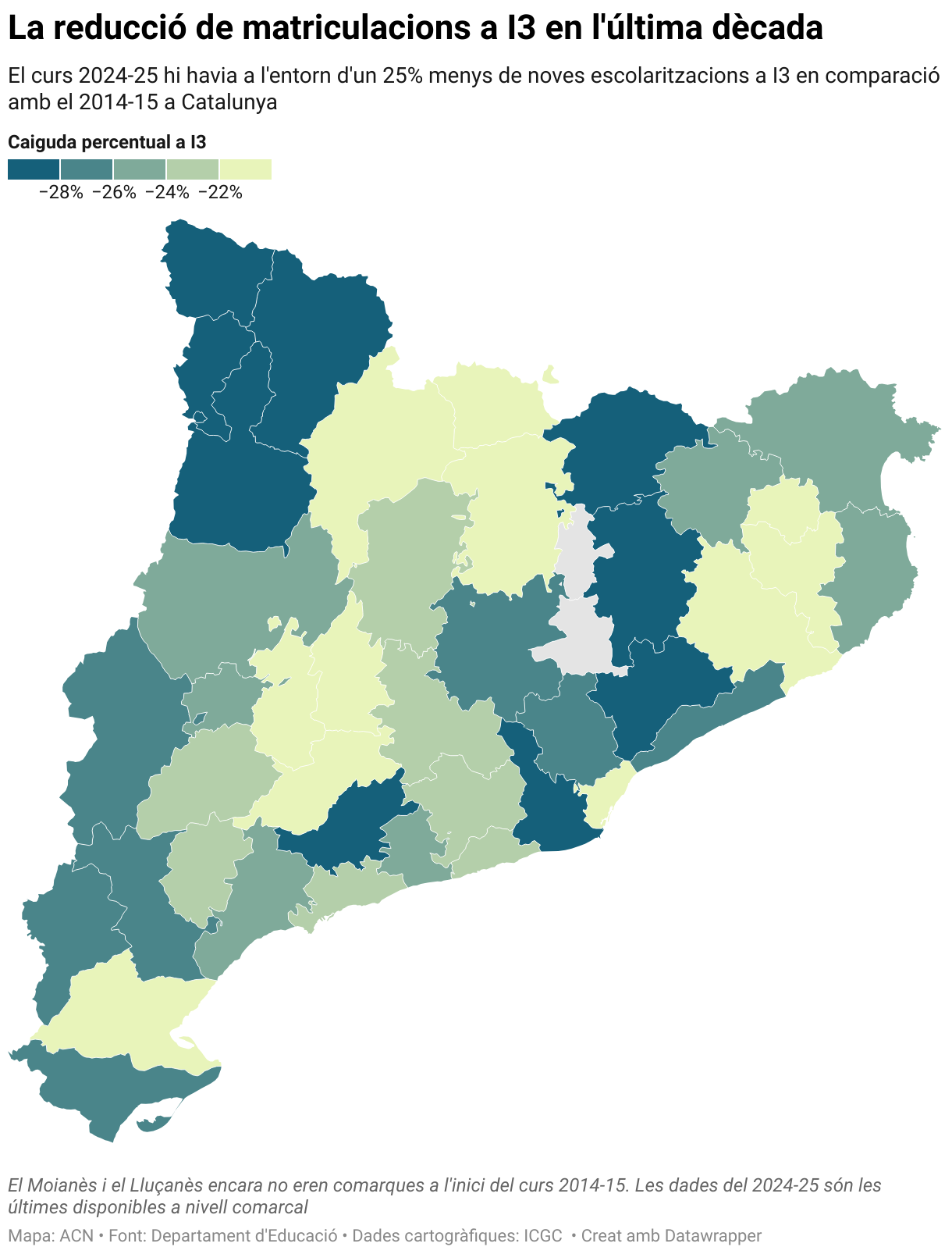 La reducció de matriculacions a I3 en l'última dècada (Choropleth map)