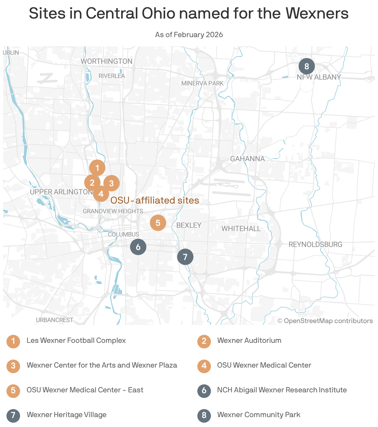 A map showing sites in Central Ohio named for the Wexner family. Eight locations are shown, including a cluster of five OSU-affiliated sites.