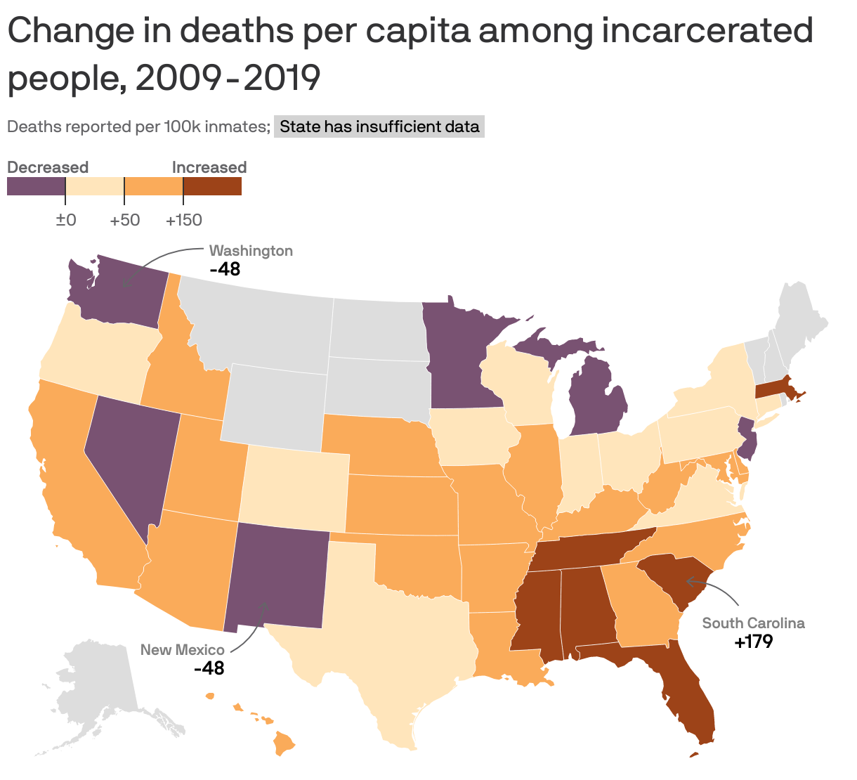 Change in deaths per capita among incarcerated people, 2009-2019