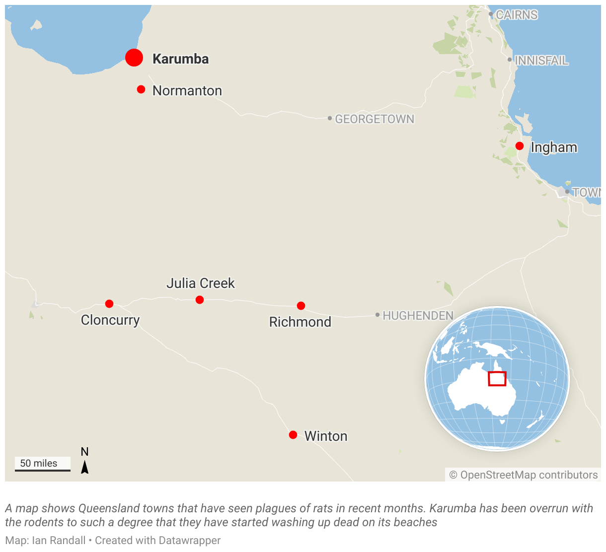 A map of Queensland towns that have seen plagues of rats in recent months.