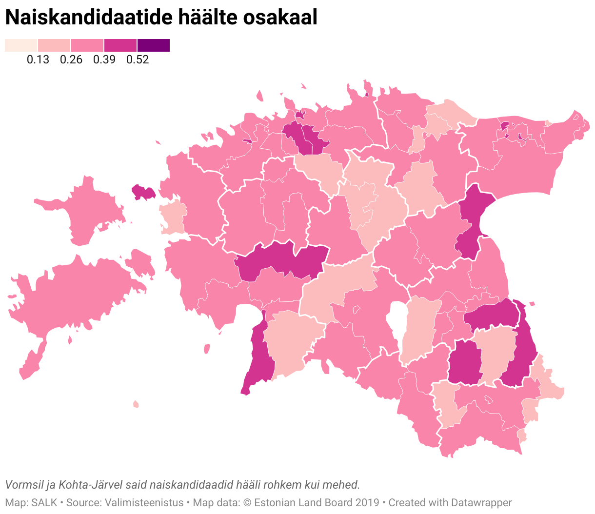 A map of Estonian municipalities that show the proportions of votes given to female candidates.