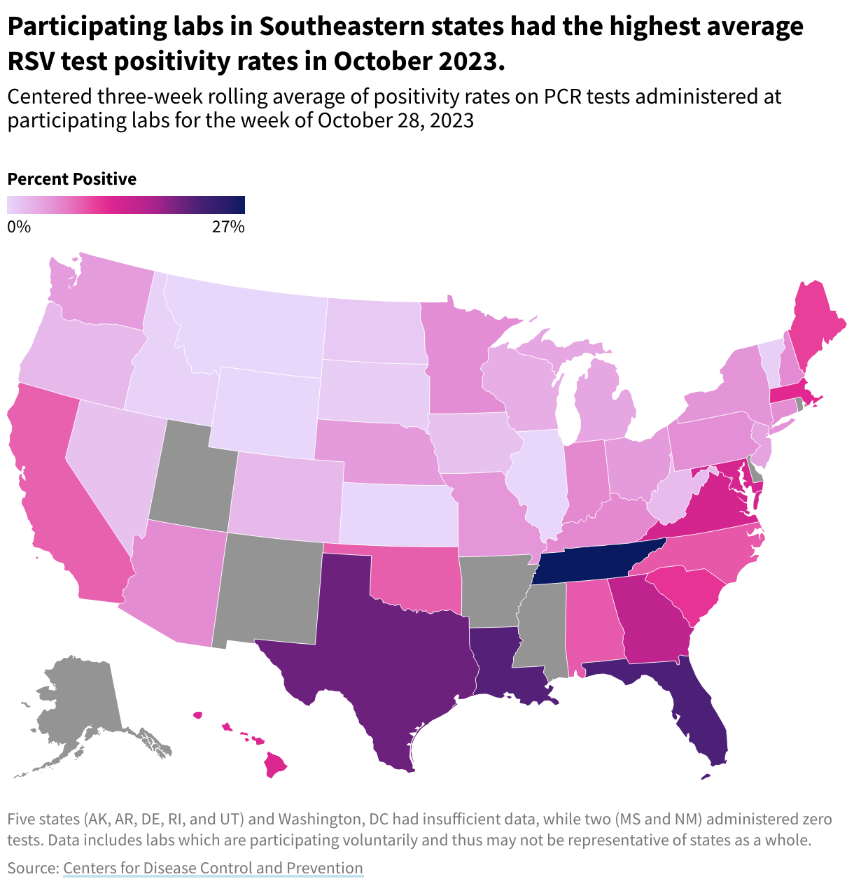 A US map showing RSV positivity rates on PCR tests administered at participating labs for the week of October 28, 2023. Labs in the Southeast had the highest averages.