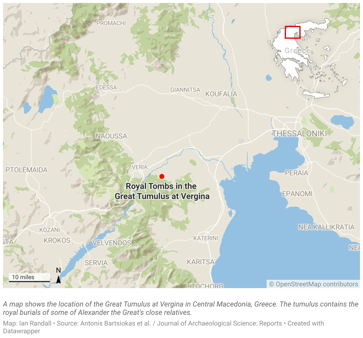 A map shows the location of the Great Tumulus at Vergina in Central Macedonia, Greece.