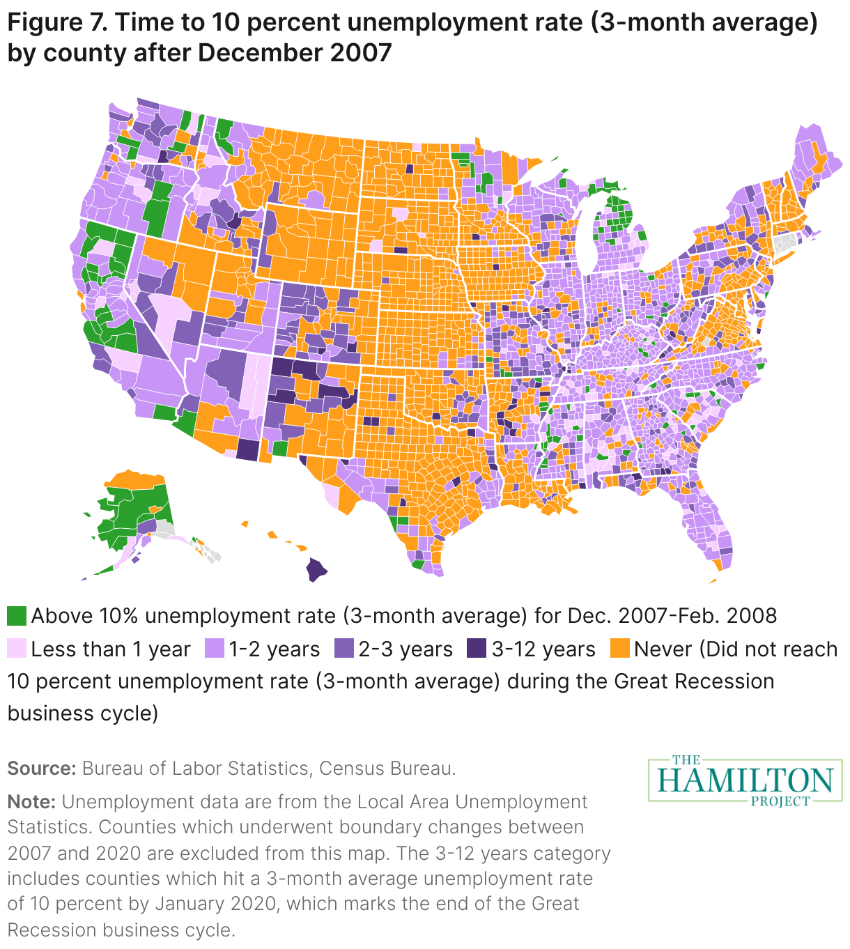 Figure 7. Time to 10 percent unemployment rate (3-month average) by county after December 2007 (Choropleth map)
