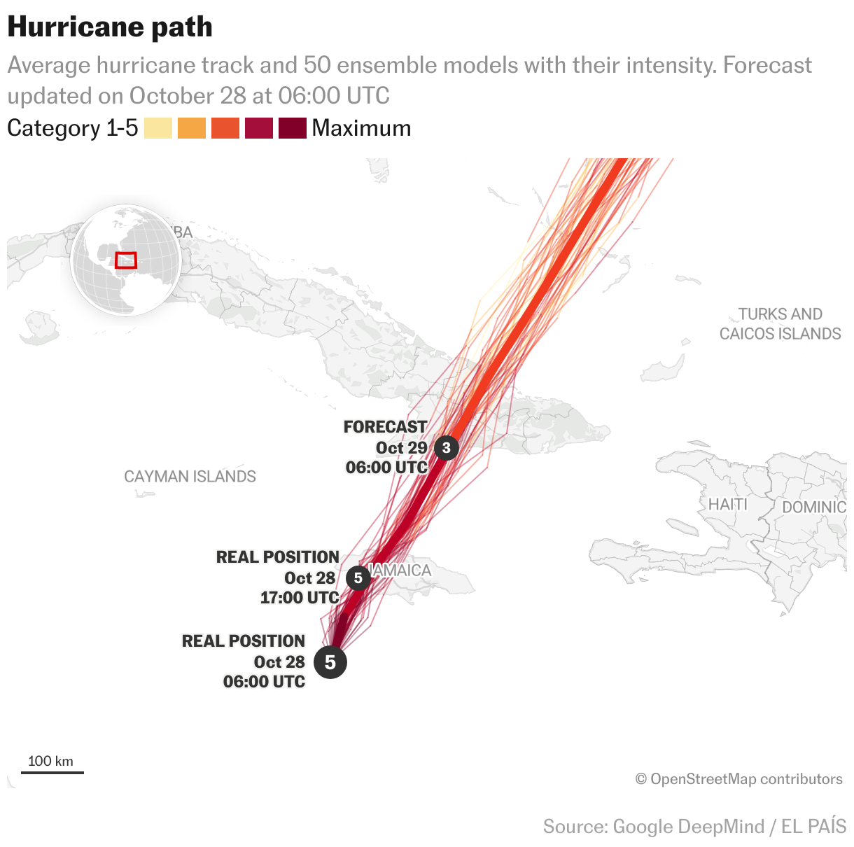 Trayectoria prevista según la Oficina Nacional de Administración Oceánica y Atmosférica (NOAA) (Mapas de ubicación)