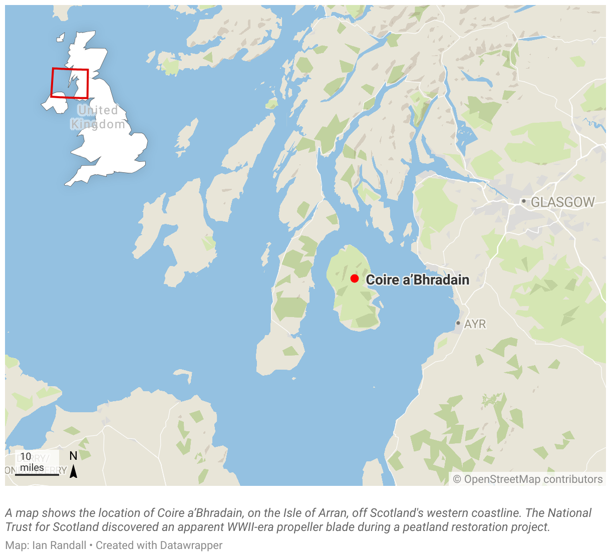 A map shows the location of Coire a’Bhradain, on the Isle of Arran, off Scotland's western coastline.