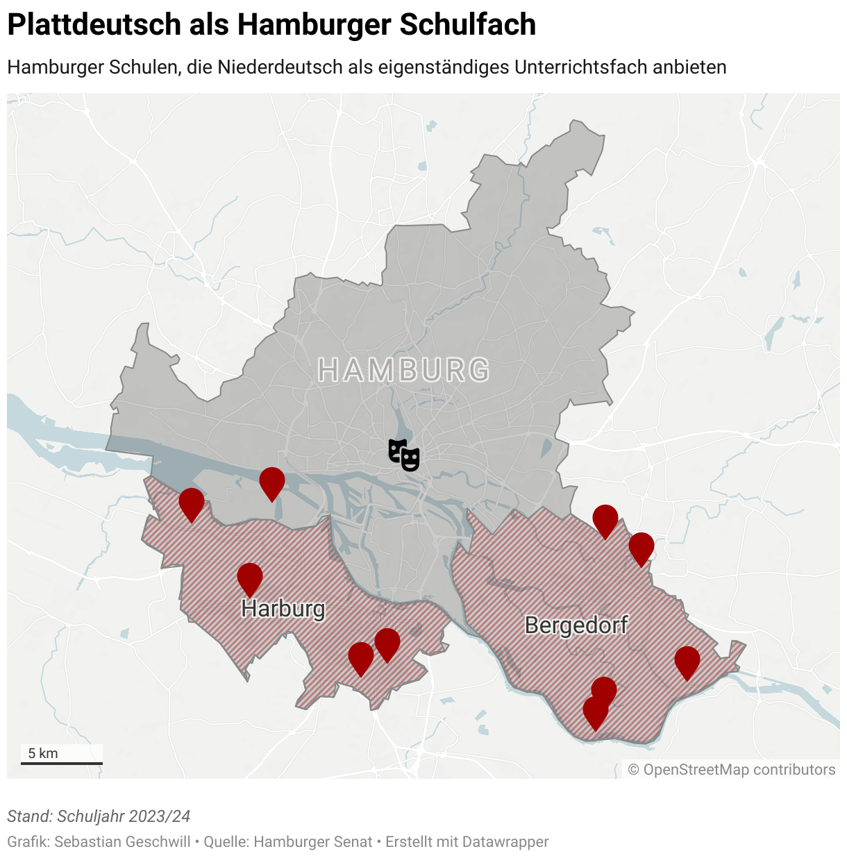 Karte mit zehn eingezeichneten Schulen, die Plattdeutsch als eigenständiges Unterrichtsfach anbieten.