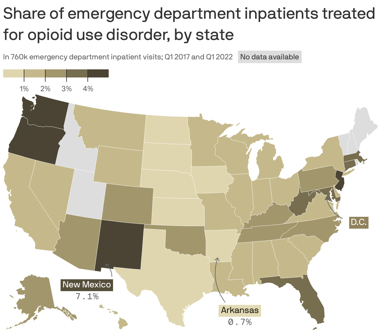 Share of emergency department inpatients treated for opioid use disorder, by state