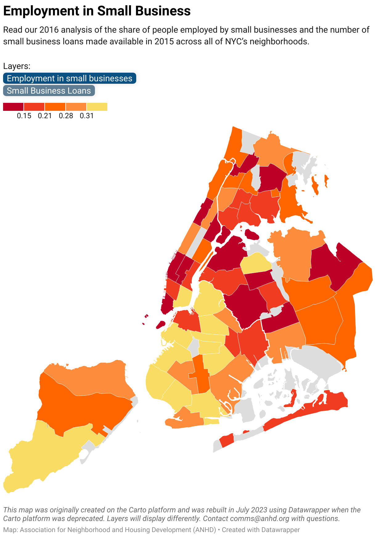 Map of small business loans by community district in New York City, data as of 2016