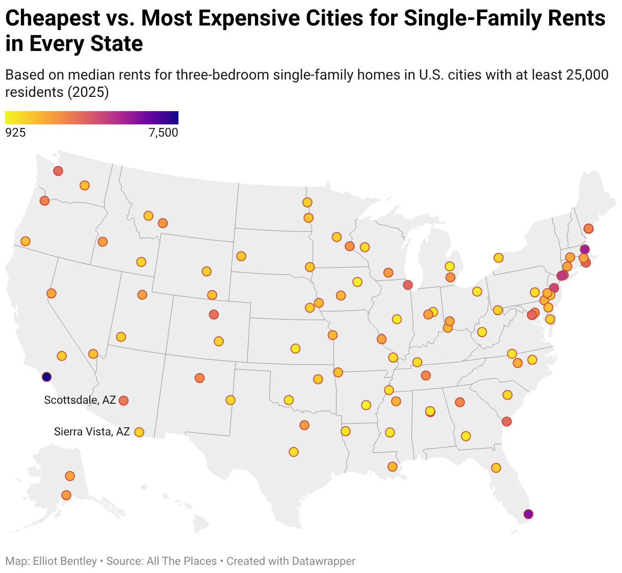 Cheapest vs. Most Expensive Cities for Single-Family Rents in Every State (Symbol map)