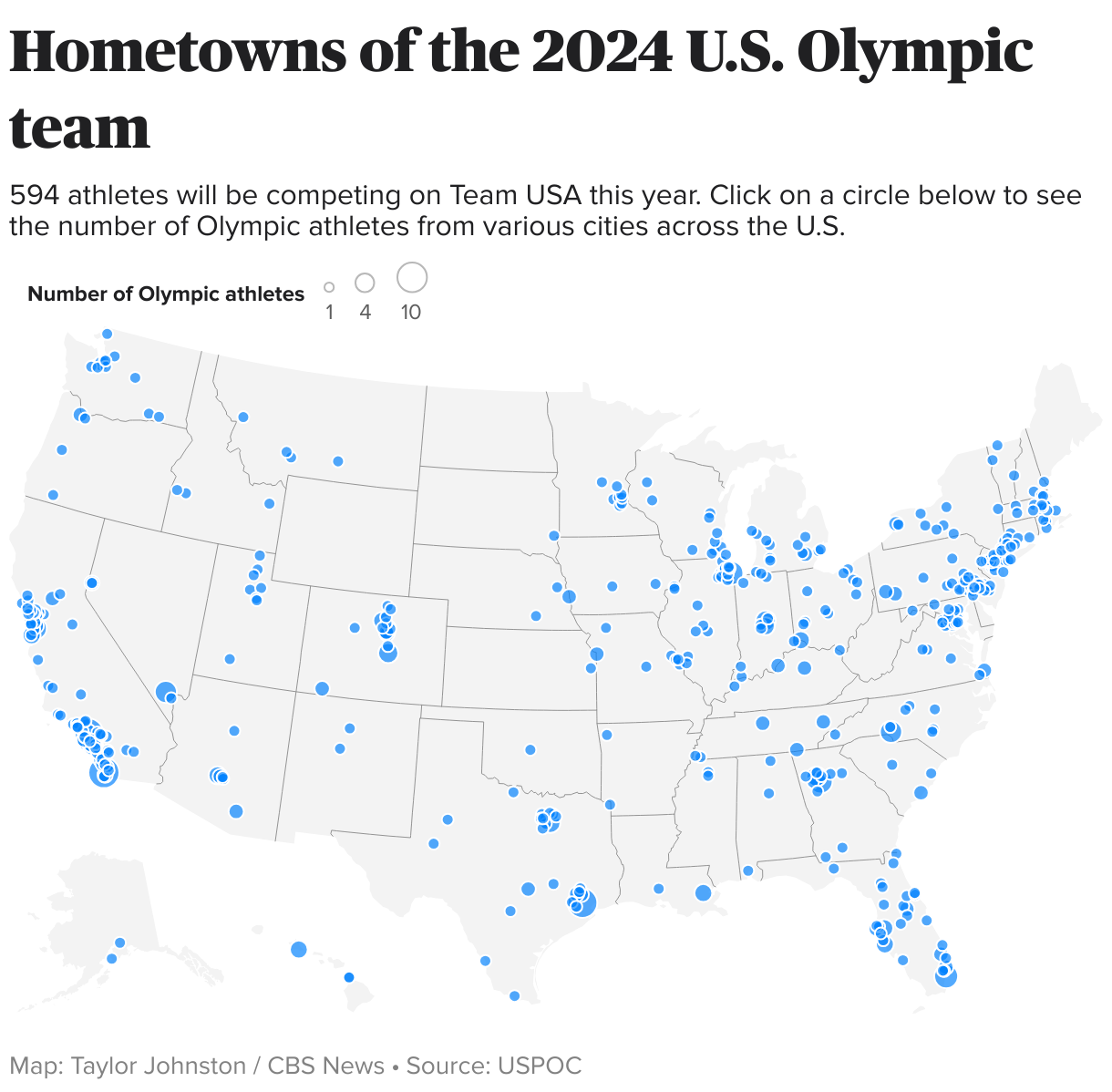 Symbol map showing hometowns of the 2024 U.S. Olympic team.