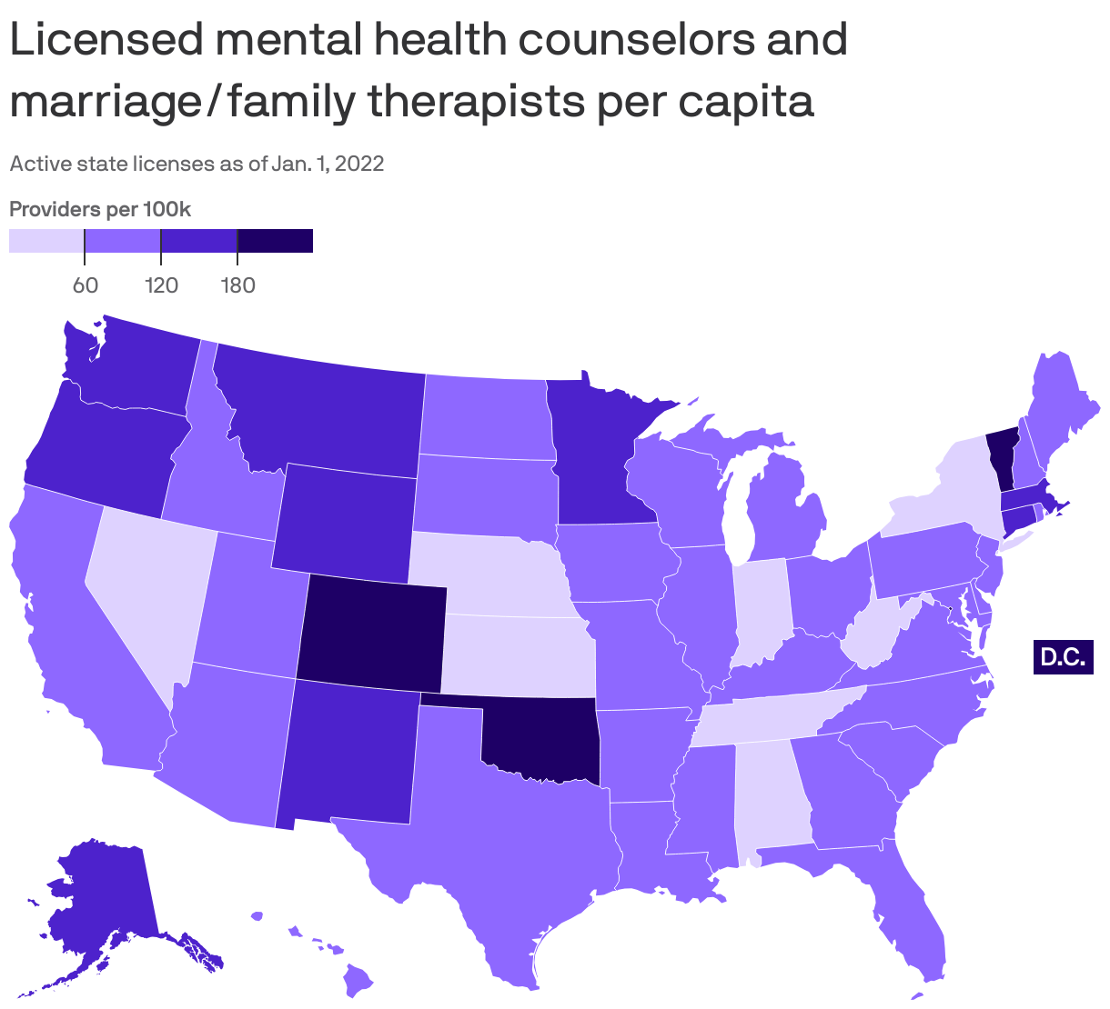 Licensed mental health counselors and marriage/family therapists per capita