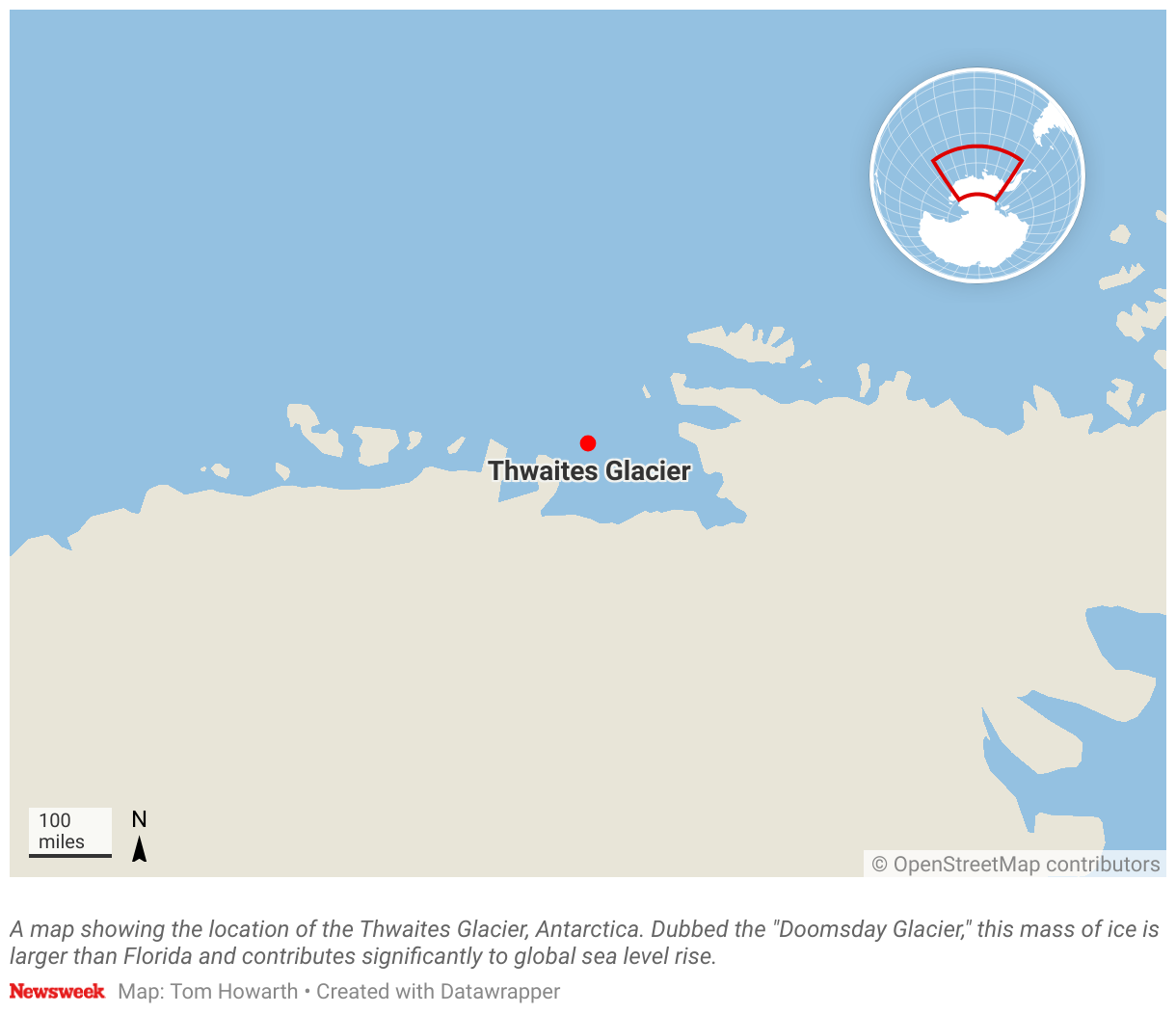 A map showing the location of Thwaites Glacier, Antarctica.