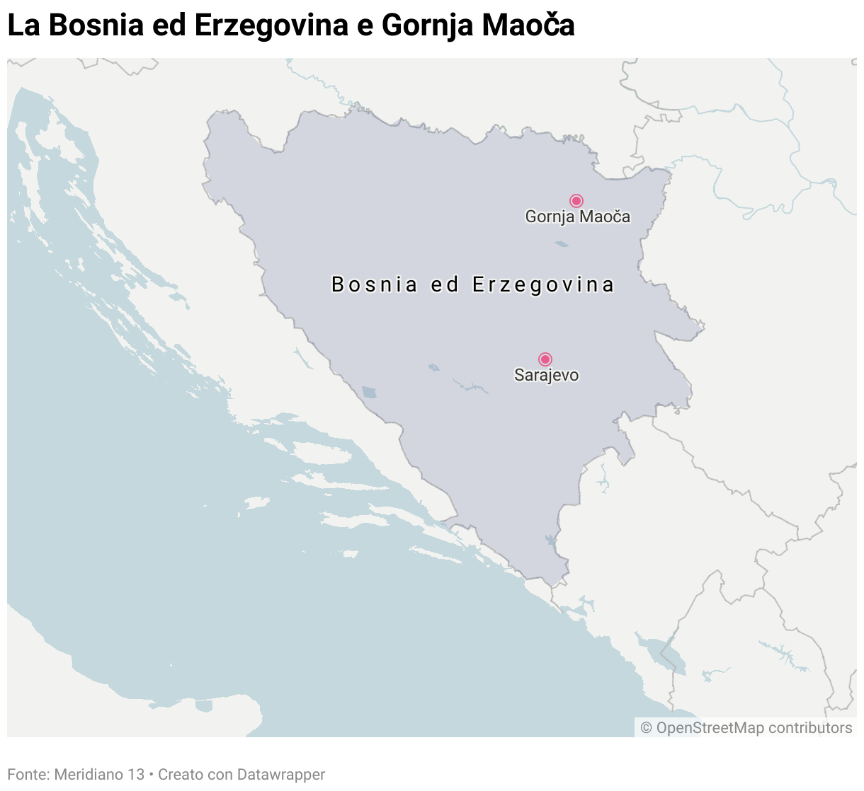 Mappa della Bosnia ed Erzegovina con indicata la posizione del villaggio di Gornja Maoča.