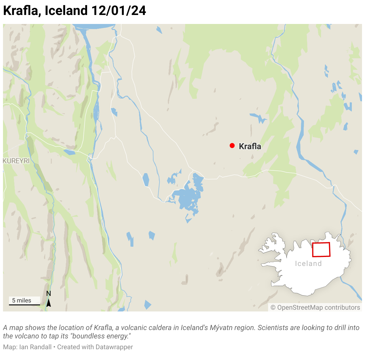 A map shows the location of Krafla, a volcanic caldera in Iceland's Mývatn region.